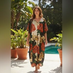 Tropical Print Kaftan Cover-Up new one size